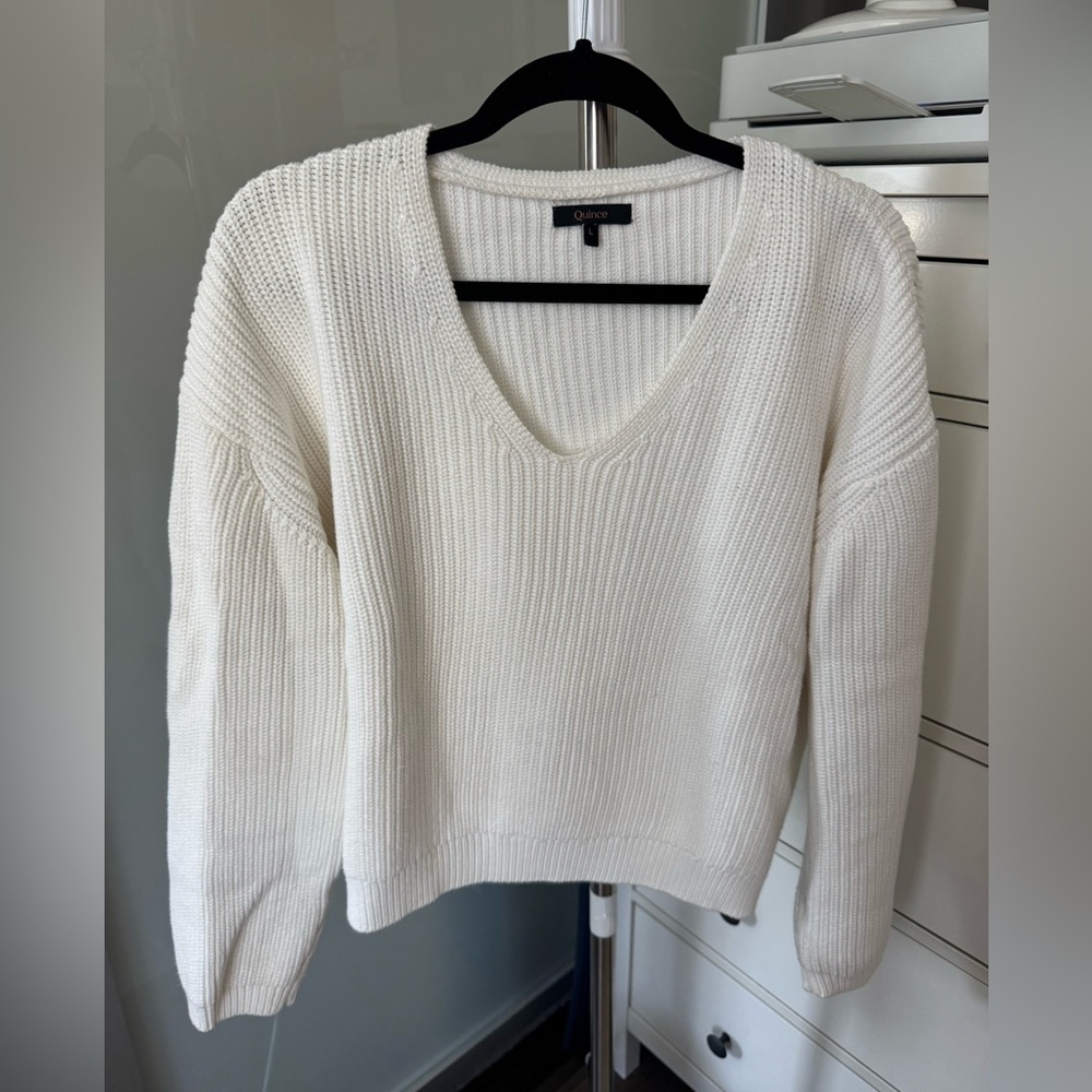 Quince 100% Organic Cotton Fisherman V-Neck Sweater - Ivory White